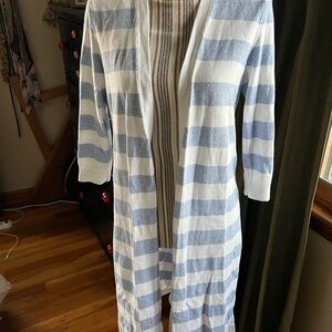 Talbots long Blue and White Striped Cardigan Sweater small